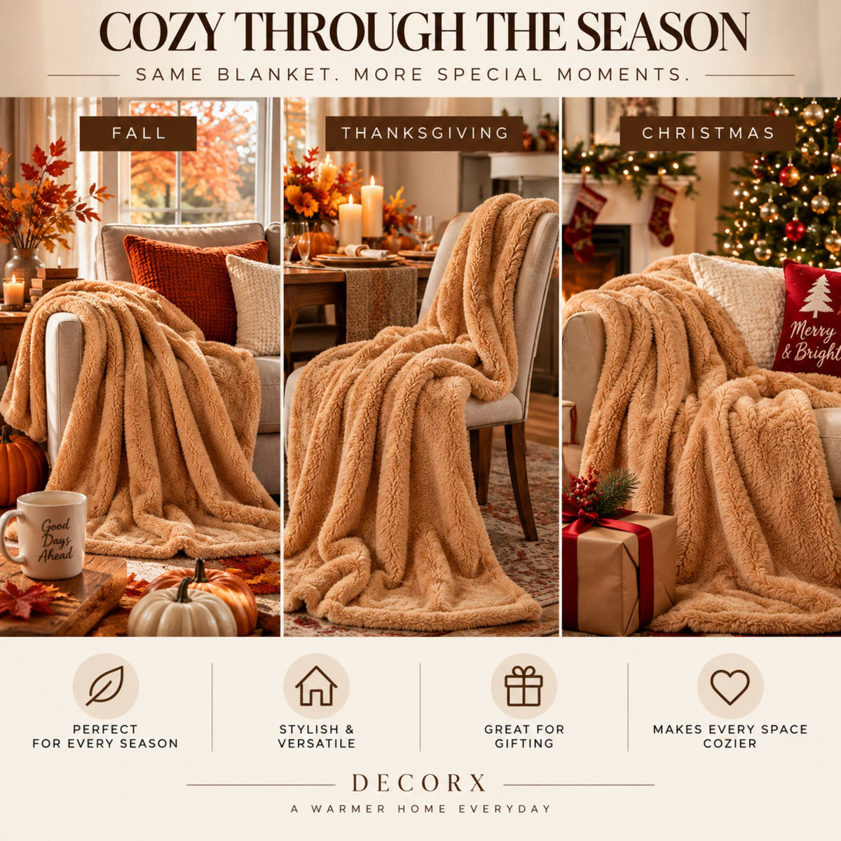 DecorX Dual-Sided Plush Throw Blanket – Camel, 50x60