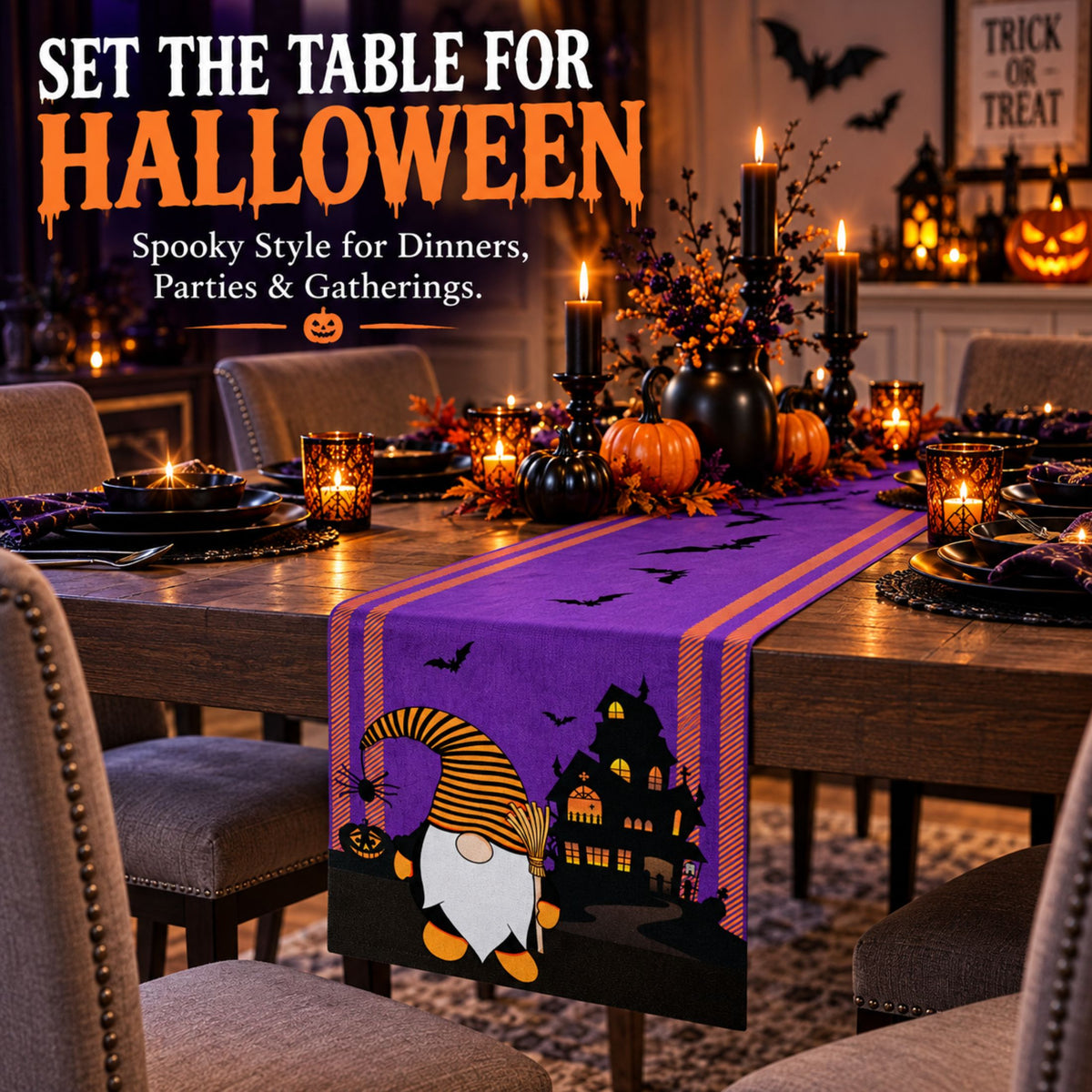 DecorX Purple Halloween Table Runner 14x72 – Gnome Haunted House