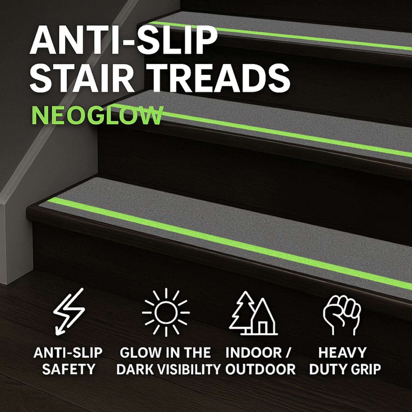 Glow in the Dark Non-Slip Stair Treads – 12 Pack, Heavy-Duty Anti-Slip Safety Strips for Indoor & Outdoor Stairs Gray