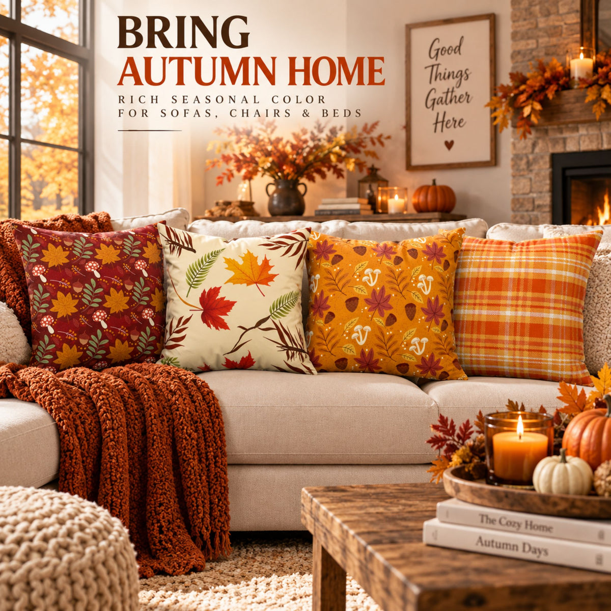 DecorX Fall Pillow Covers Set of 4 – 18x18 Maple Leaf & Plaid