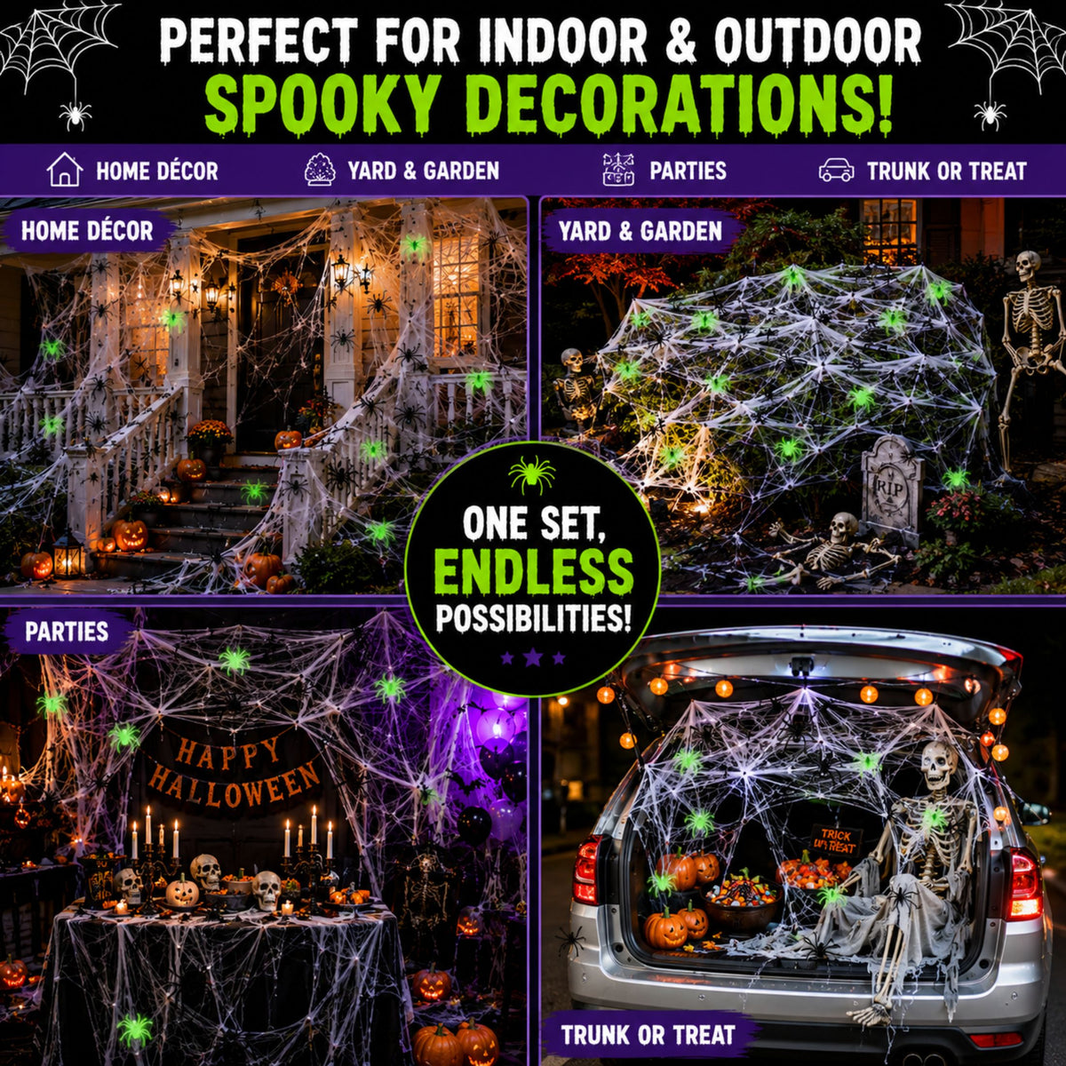 Halloween Spider Web Decorations, 1000 Sq Ft Stretch Cobweb, 60 Spiders, 30 Glow