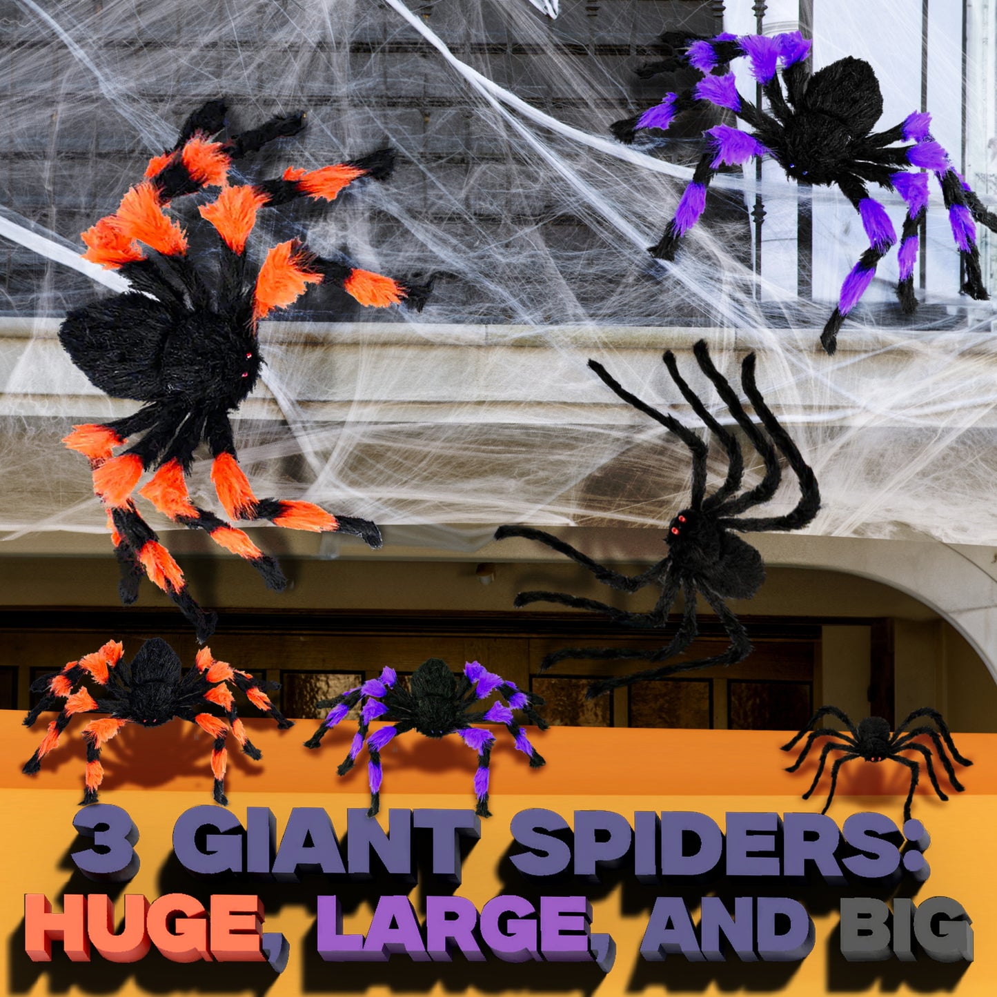 Giant Halloween Spider Web Decoration Set with LED Light | 3 Large Spooky Spiders & 20 Glow-in-the-Dark Spiders