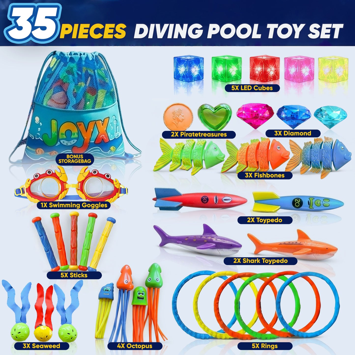 35 Pcs Pool Toys Set with LED Pool Light Cubes Diving and Swimming Learning for Kids