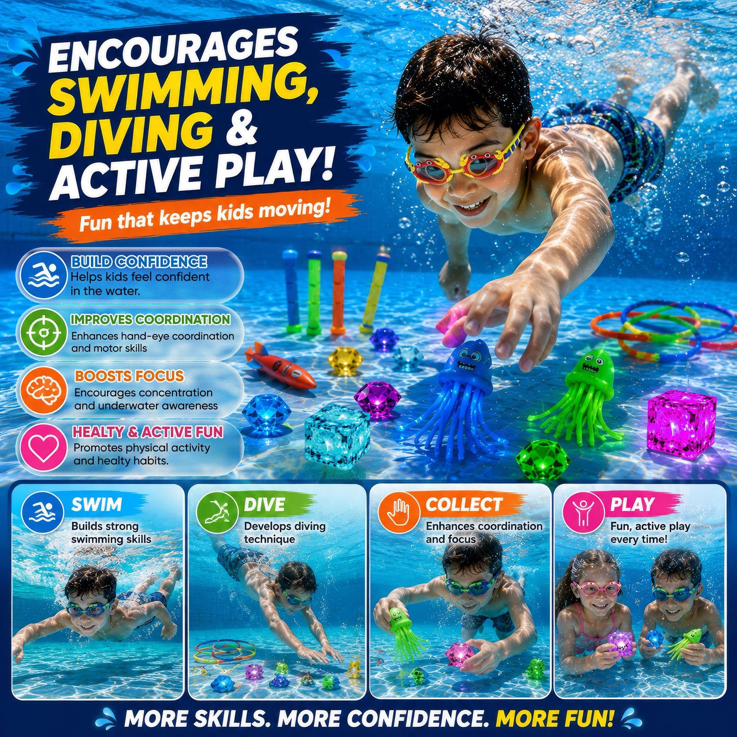 35-Piece Glow Pool Diving Toys Set with LED Cubes, Goggles & Bag