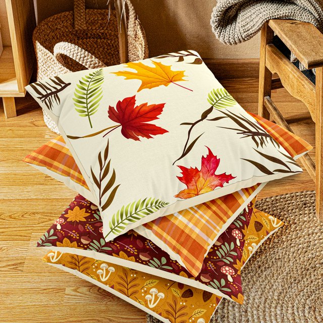 DecorX Rustic Linen Fall Pillow Covers 18x18" - Set of 4 Autumn Maple Leaf
