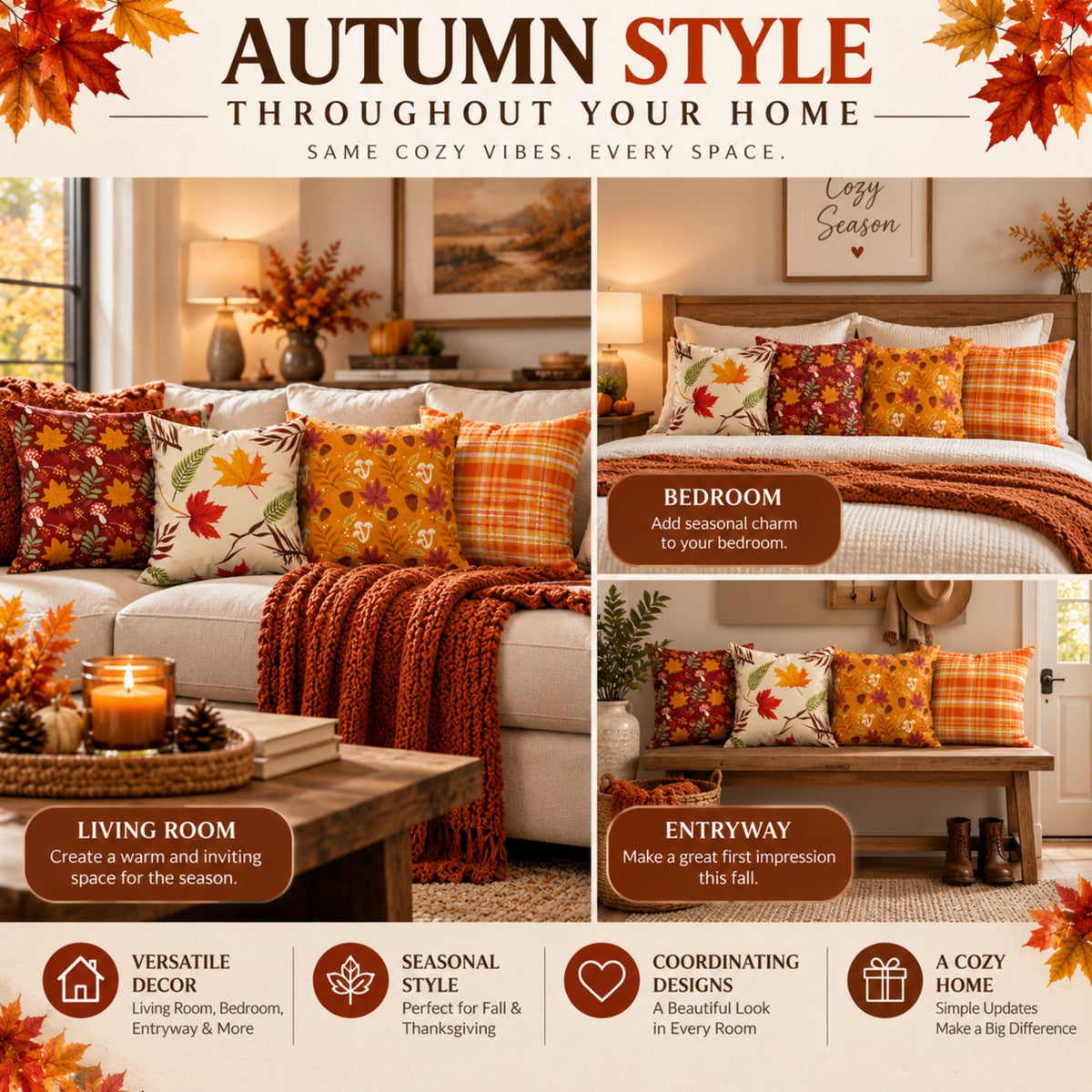 DecorX Fall Pillow Covers Set of 4 – 18x18 Maple Leaf & Plaid