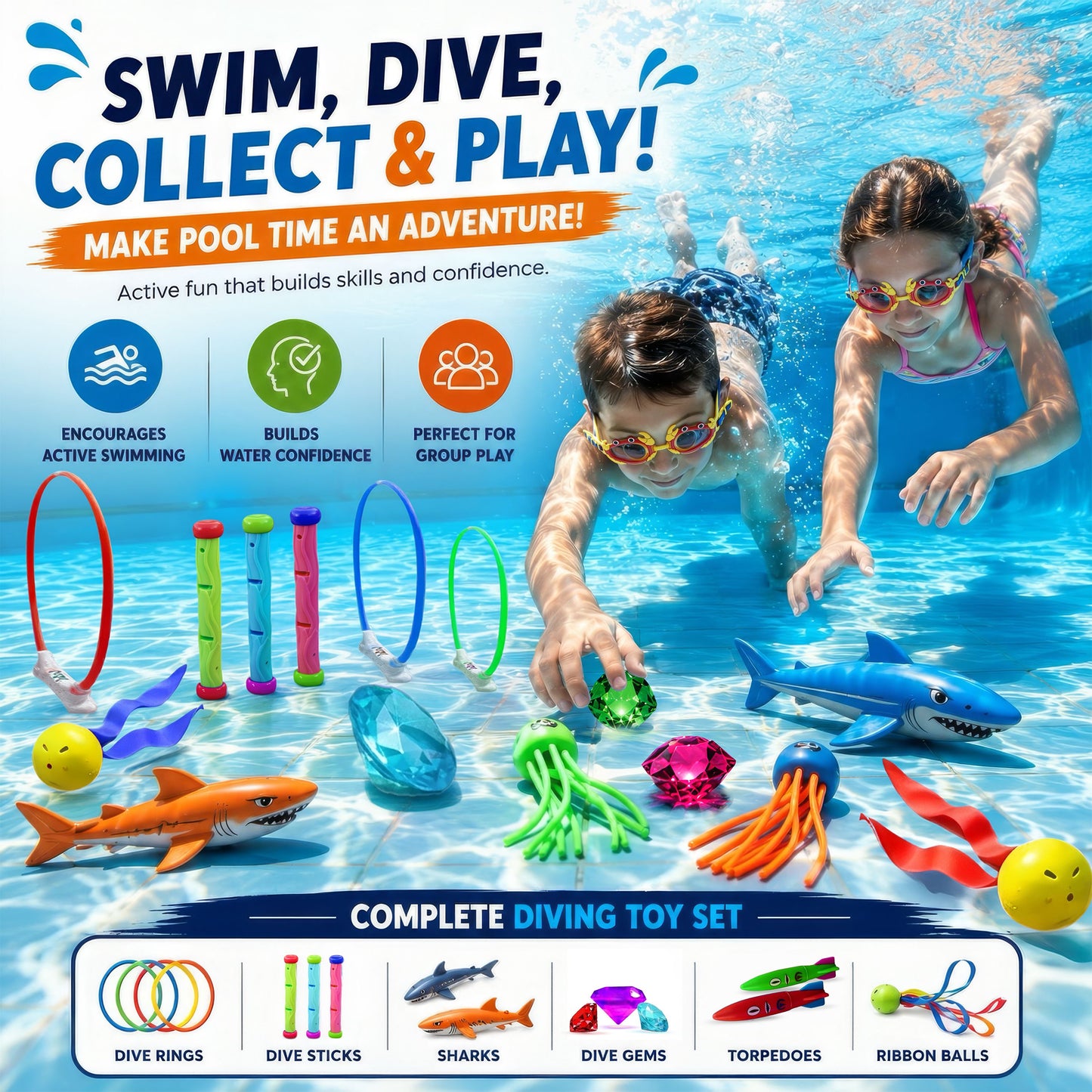 35 Pcs Pool Toys Set with LED Pool Light Cubes Diving and Swimming Learning for Kids