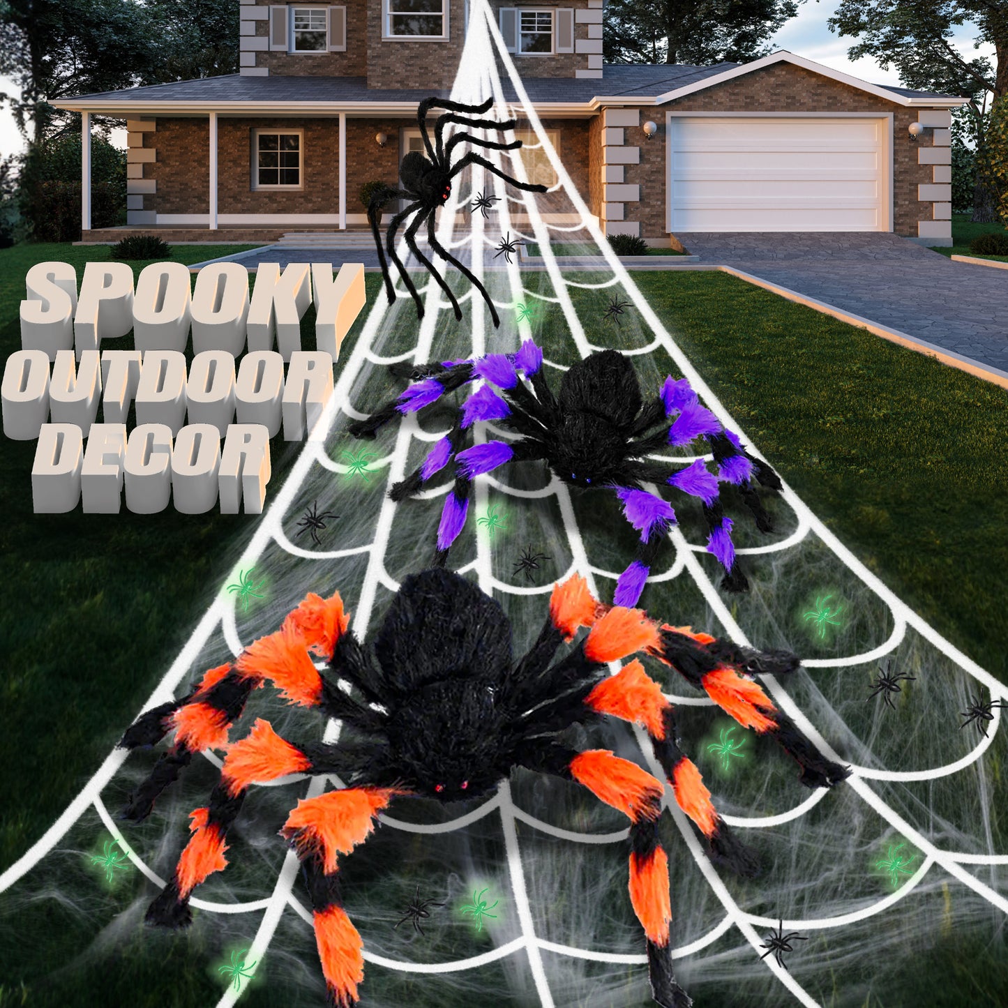 Giant Halloween Spider Web Decoration Set with LED Light | 3 Large Spooky Spiders & 20 Glow-in-the-Dark Spiders