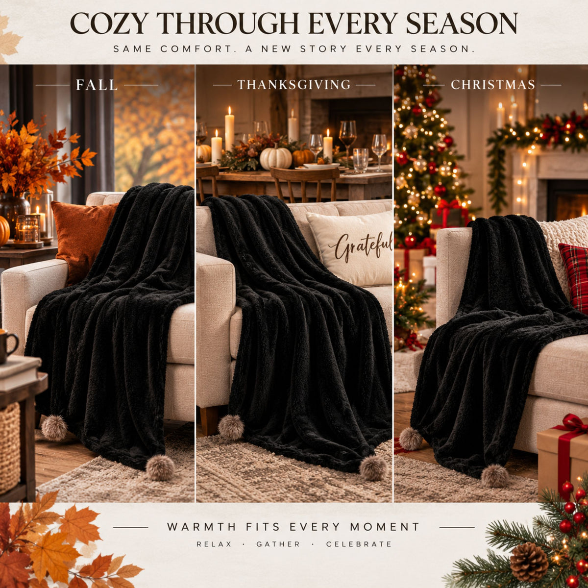 DecorX Black Flannel Fleece Throw Blanket – 50x60