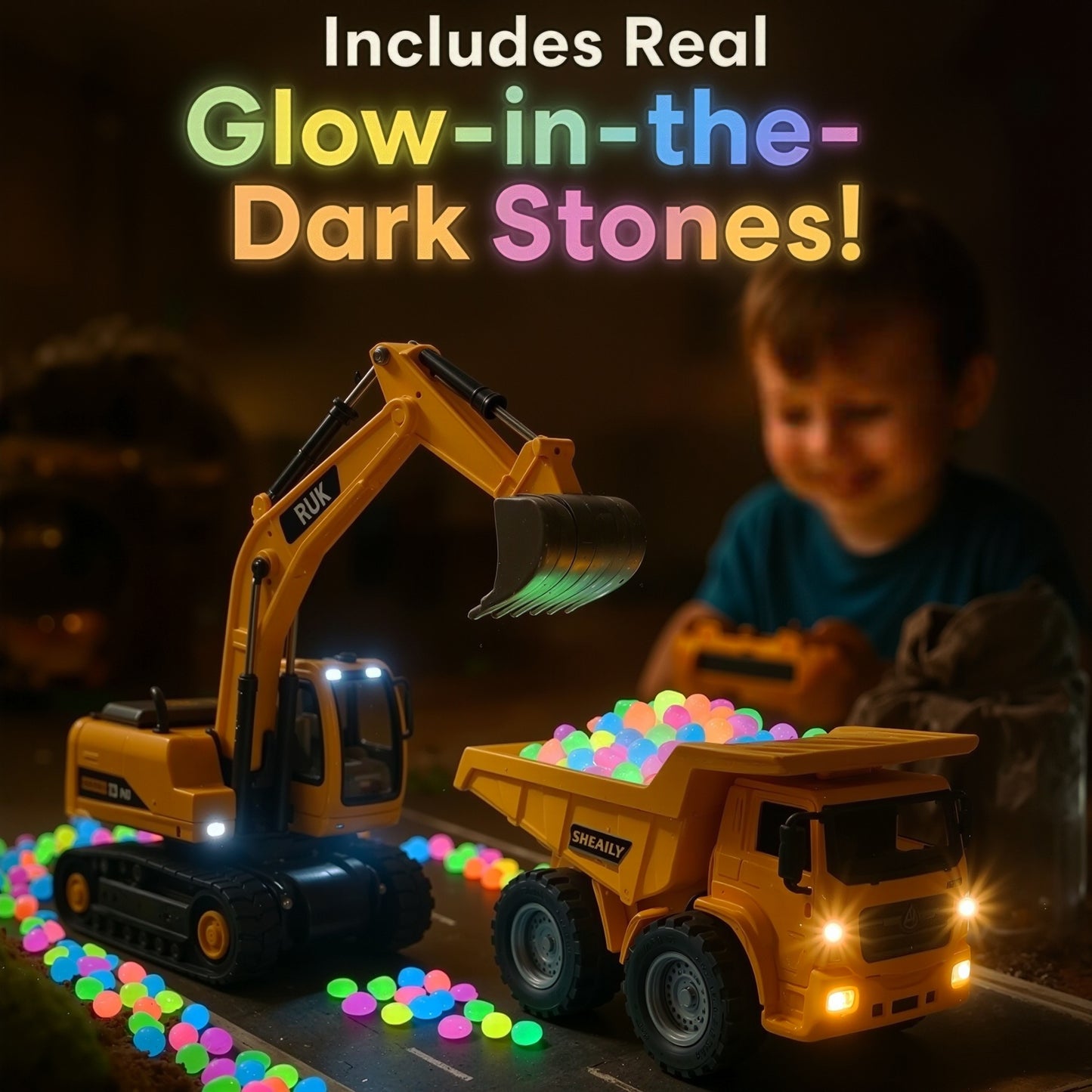 RC 2-in-1 Truck & Excavator Set – Rechargeable STEM Construction Toy with LED Lights & Glow-in-the-Dark Stones