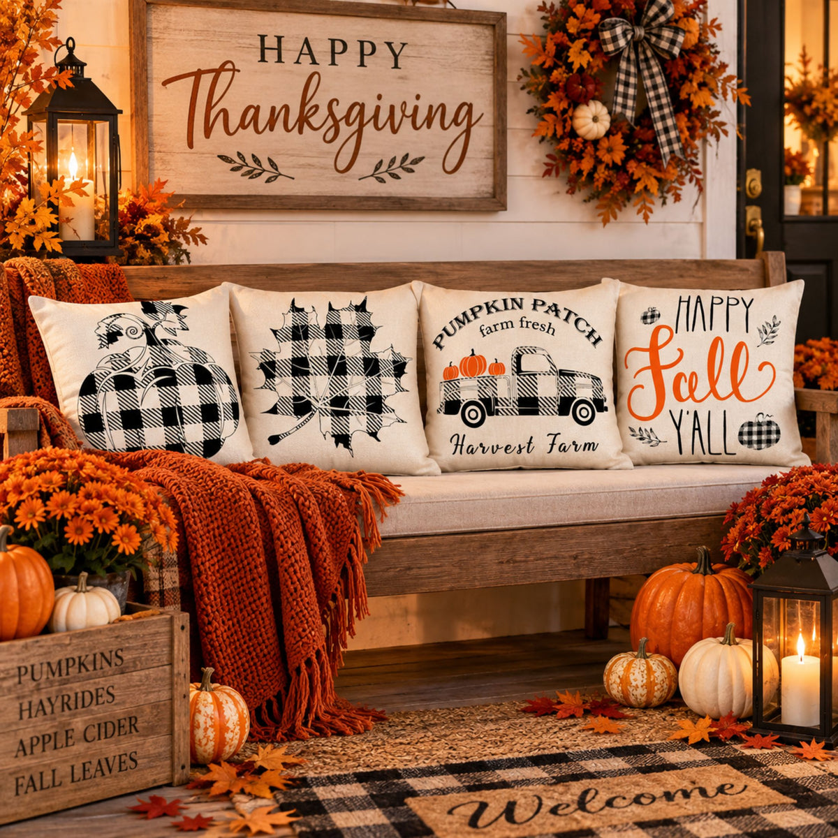 DecorX Fall Farmhouse Pillow Covers – Set of 4, 18x18