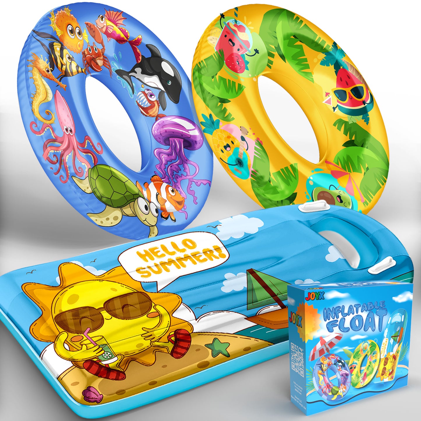 JoyX 3-Pack Kids Pool Floats - Inflatable Swimming Rings with Cute Summer Fruit & Undersea Animal Floaties