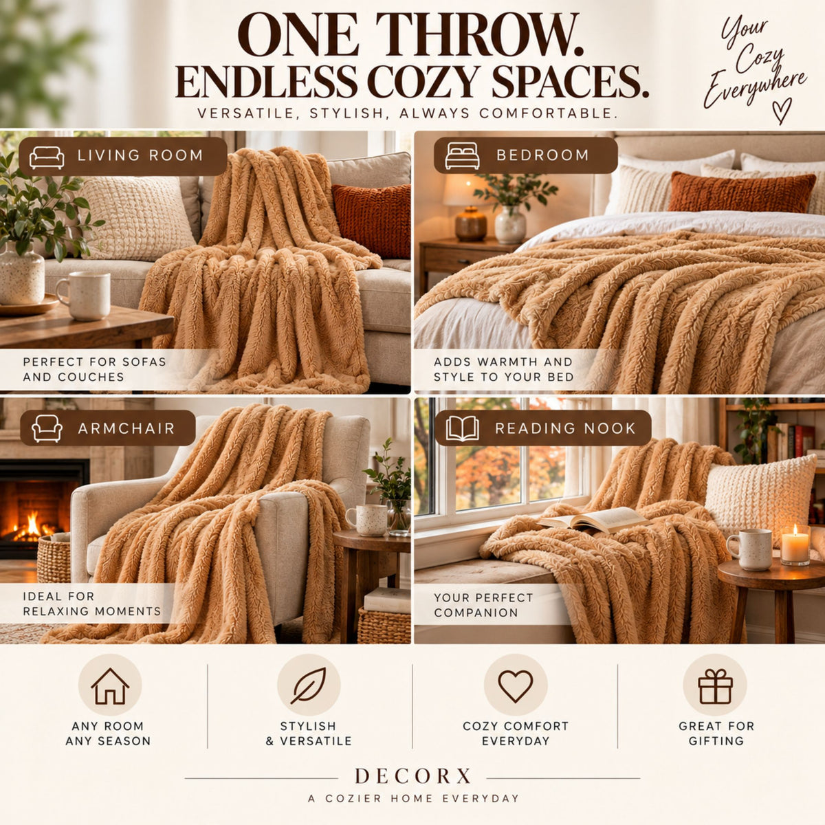 DecorX Dual-Sided Plush Throw Blanket – Camel, 50x60