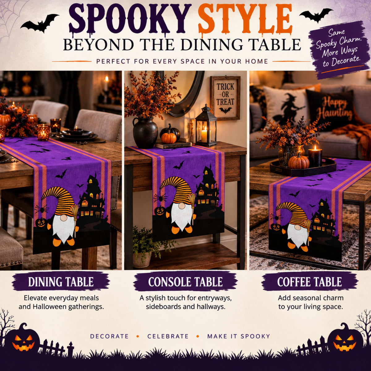 DecorX Purple Halloween Table Runner 14x72 – Gnome Haunted House