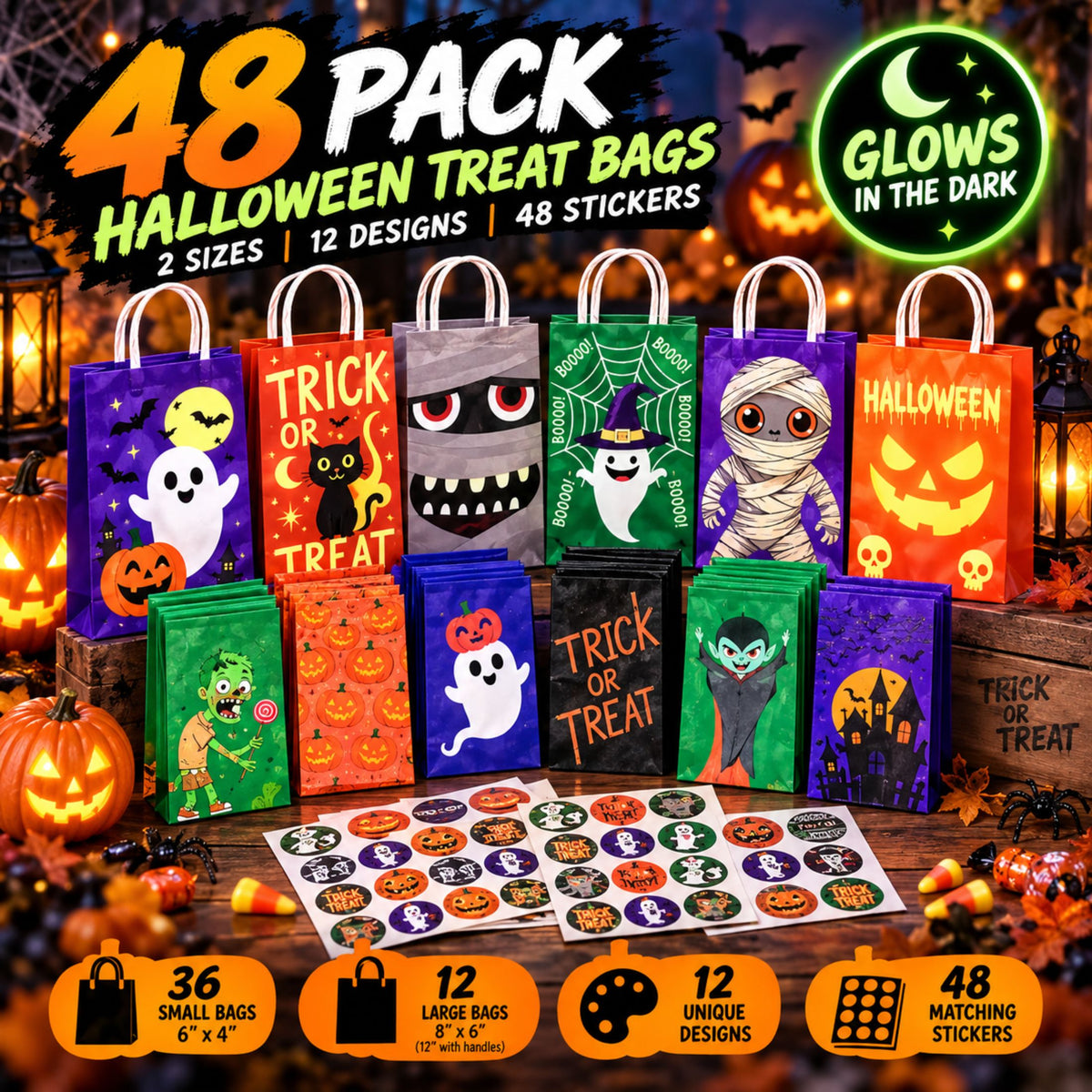 JoyX 48-Pack Glow in the Dark Halloween Treat Bags with 48 Stickers