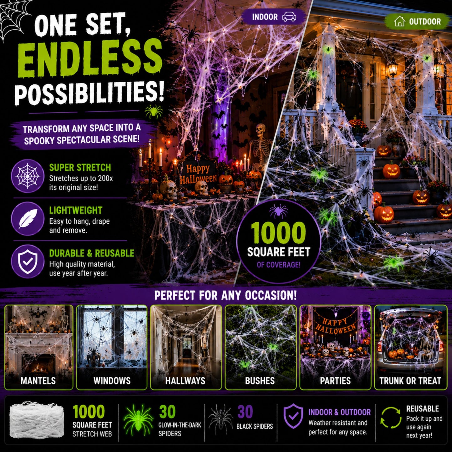 Halloween Spider Web Decorations, 1000 Sq Ft Stretch Cobweb, 60 Spiders, 30 Glow