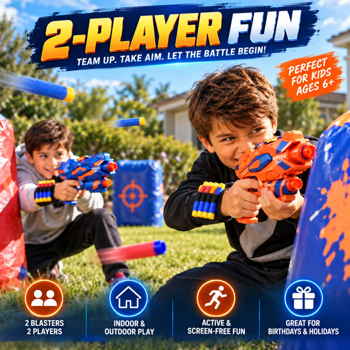JoyX 2-Player Foam Dart Blaster Set with 60 Darts & Wristbands