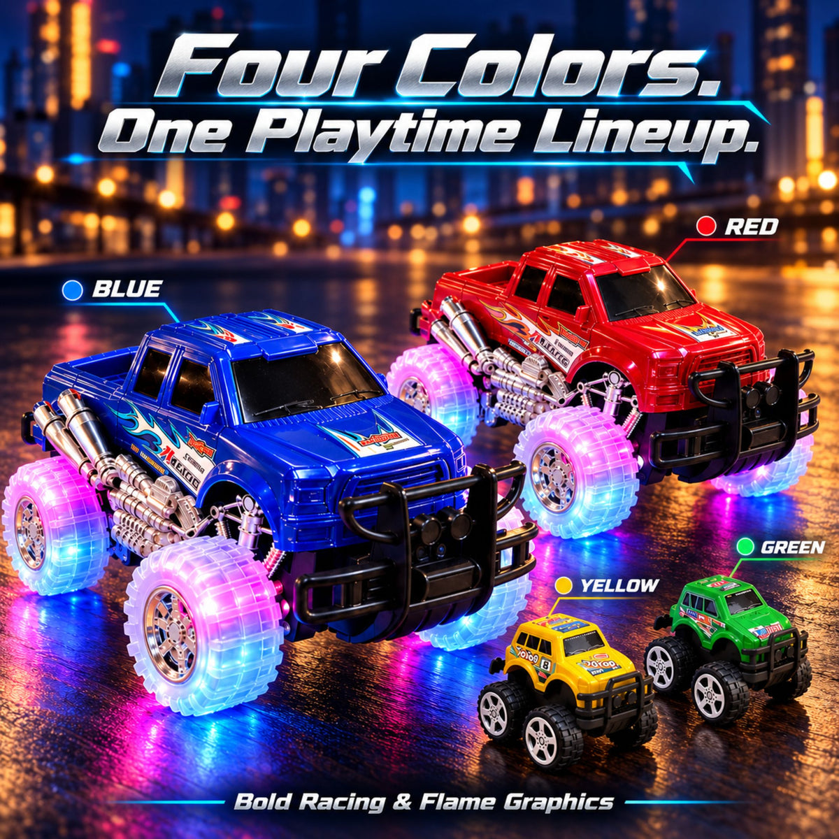Light Up Monster Truck Toy Set – 4 Pack