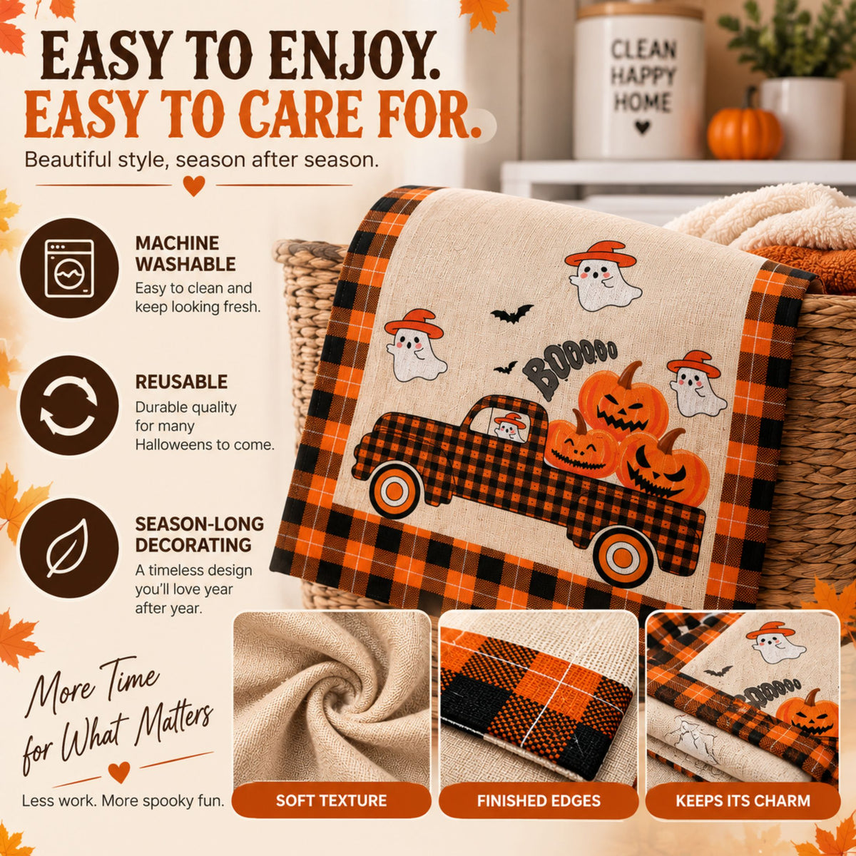 DecorX Halloween Table Runner 14x72 – Pumpkin Ghost Buffalo Plaid