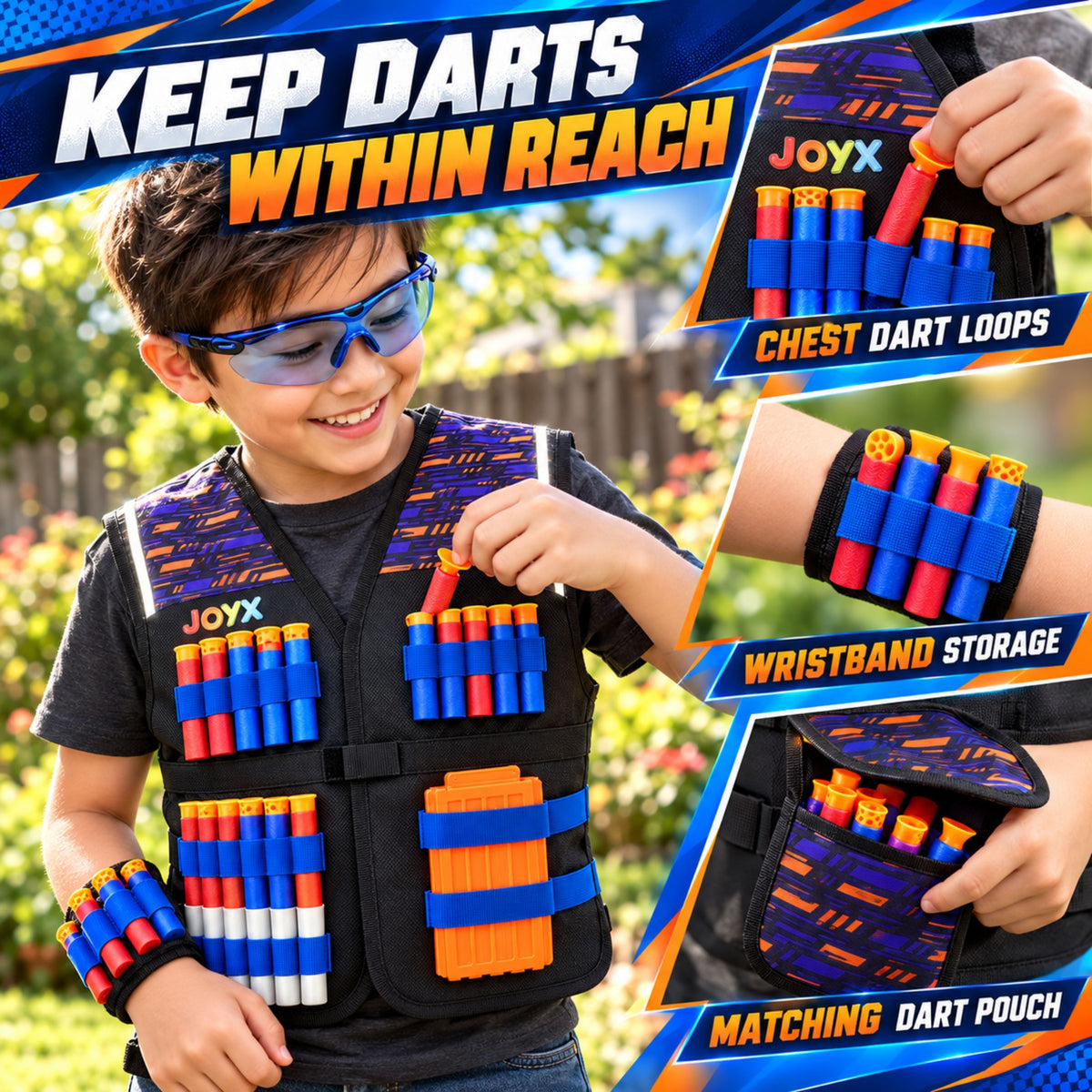 JoyX 2-Player Dart Reflective Tactical Vest Set with Glow-in-the-Dark Darts