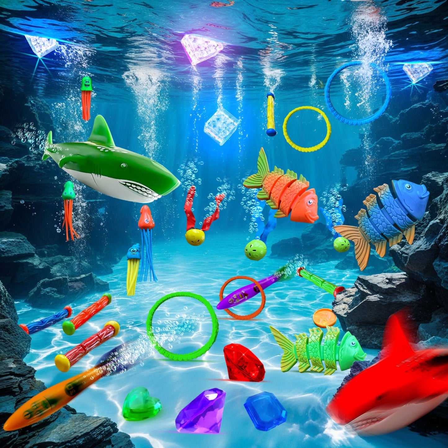 35 Pcs Pool Toys Set with LED Pool Light Cubes Diving and Swimming Learning for Kids