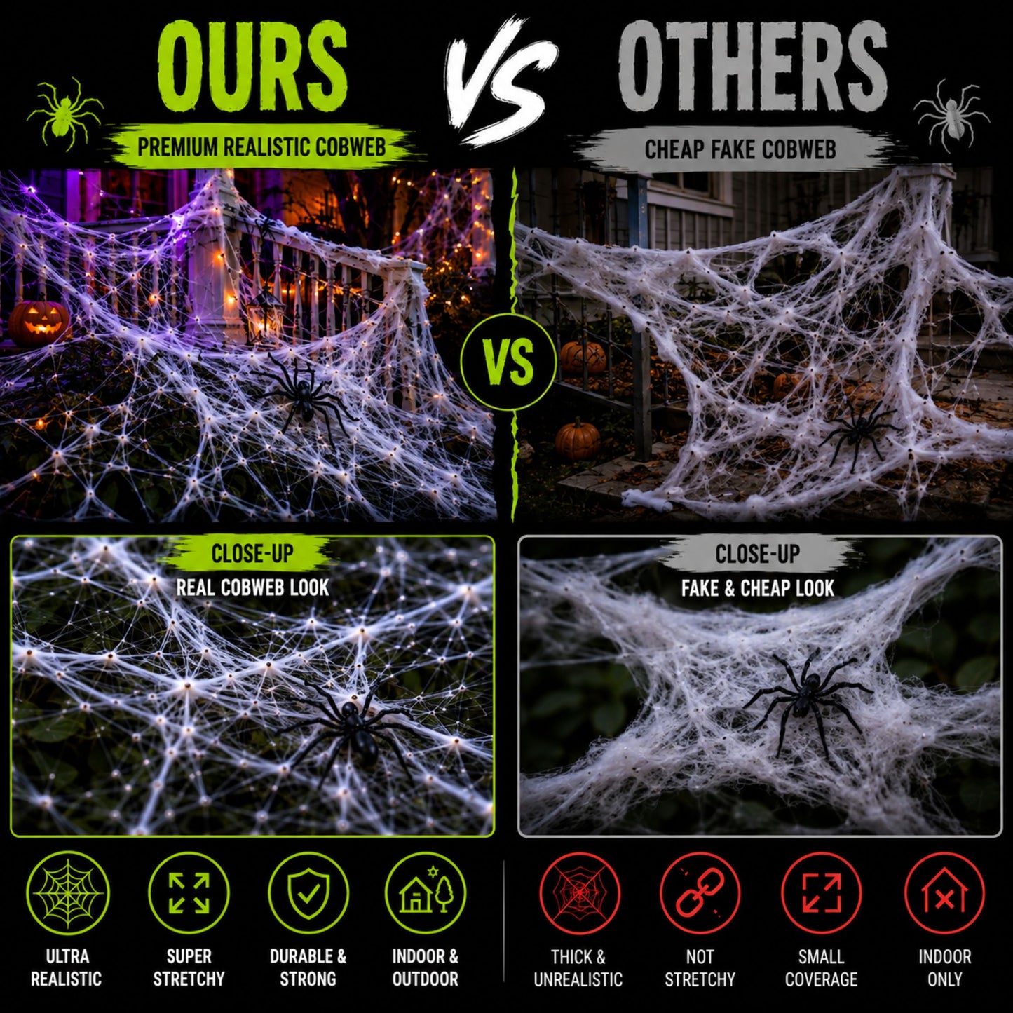 Halloween Spider Web Decorations, 1000 Sq Ft Stretch Cobweb, 60 Spiders, 30 Glow