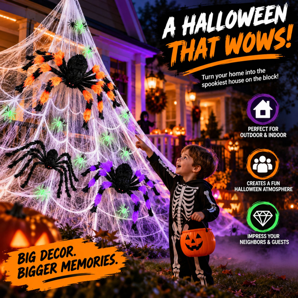 23 FT Giant Halloween Spider Web Set with Spiders | JoyX