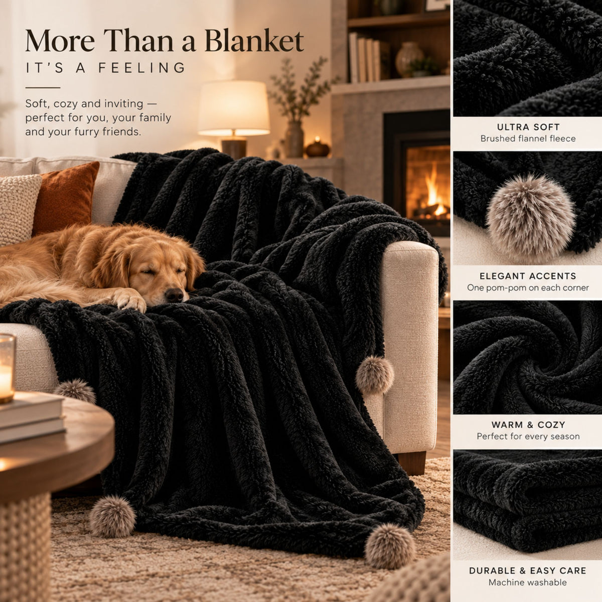 DecorX Black Flannel Fleece Throw Blanket – 50x60