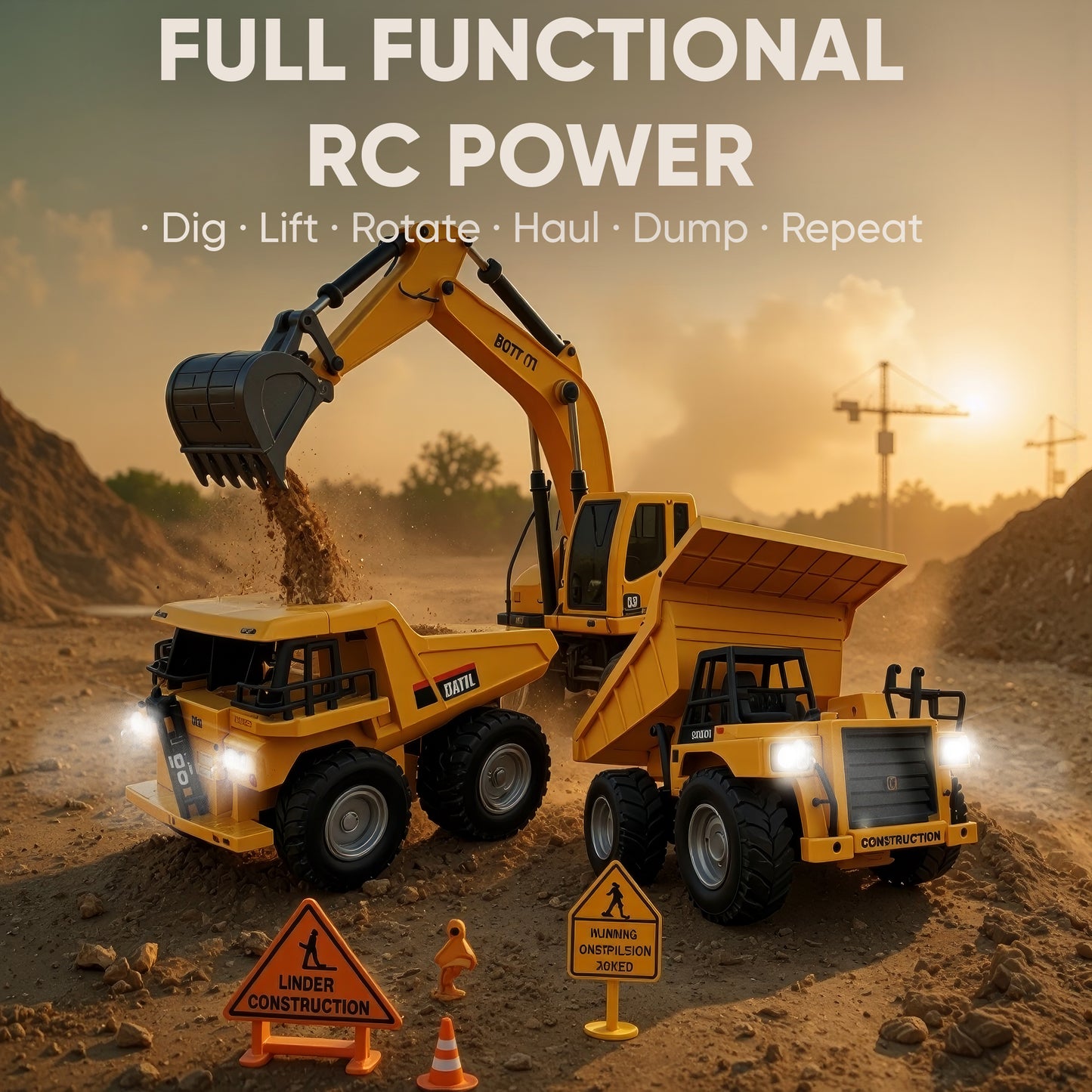 RC 2-in-1 Truck & Excavator Set – Rechargeable STEM Construction Toy with LED Lights & Glow-in-the-Dark Stones