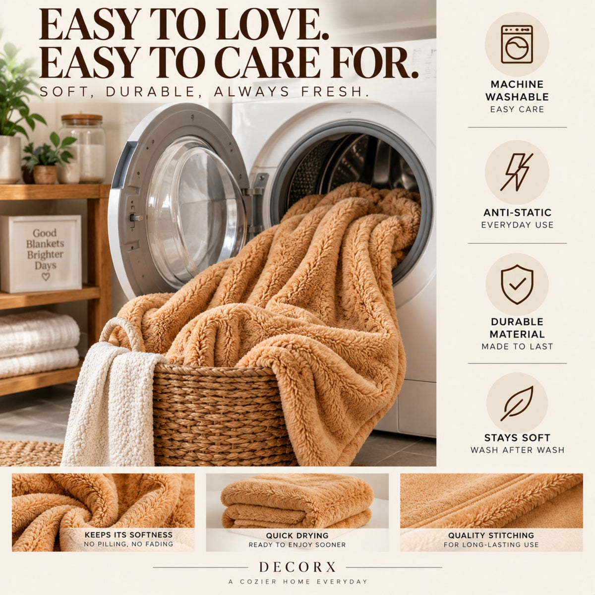 DecorX Dual-Sided Plush Throw Blanket – Camel, 50x60