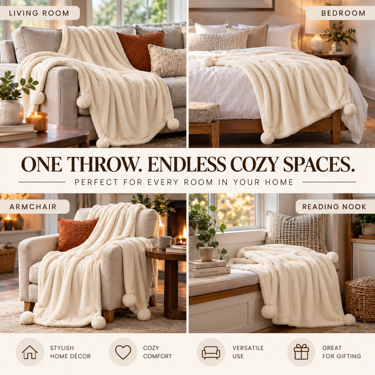 DecorX Ivory Flannel Fleece Throw Blanket – 50x60