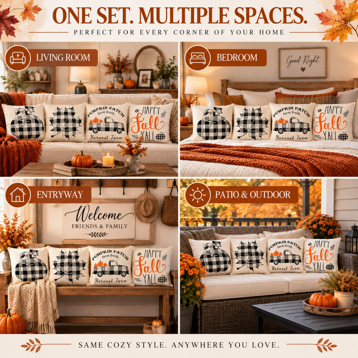 DecorX Fall Farmhouse Pillow Covers – Set of 4, 18x18
