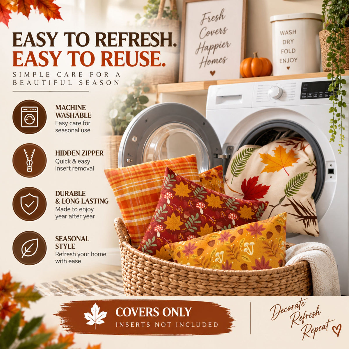 DecorX Fall Pillow Covers Set of 4 – 18x18 Maple Leaf & Plaid