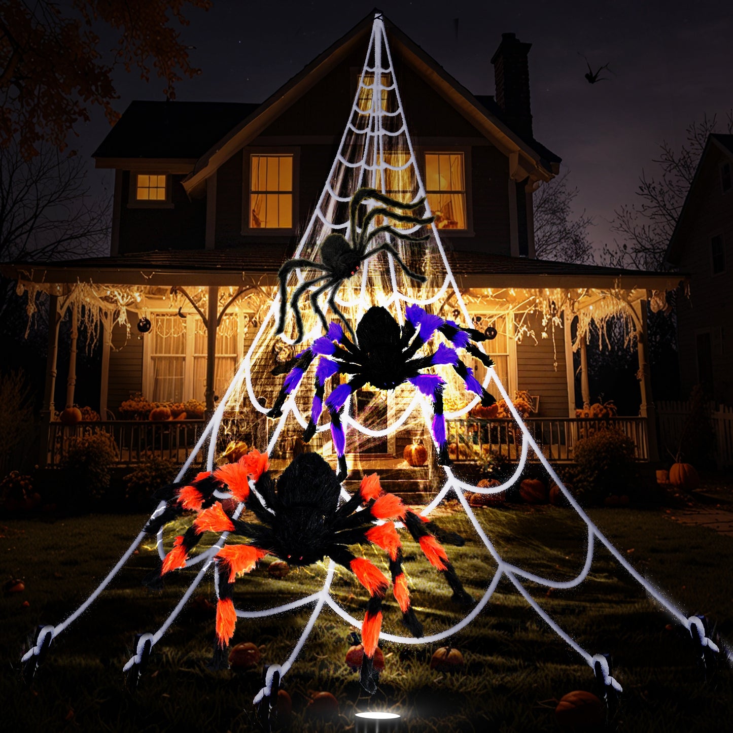 Giant Halloween Spider Web Decoration Set with LED Light | 3 Large Spooky Spiders & 20 Glow-in-the-Dark Spiders