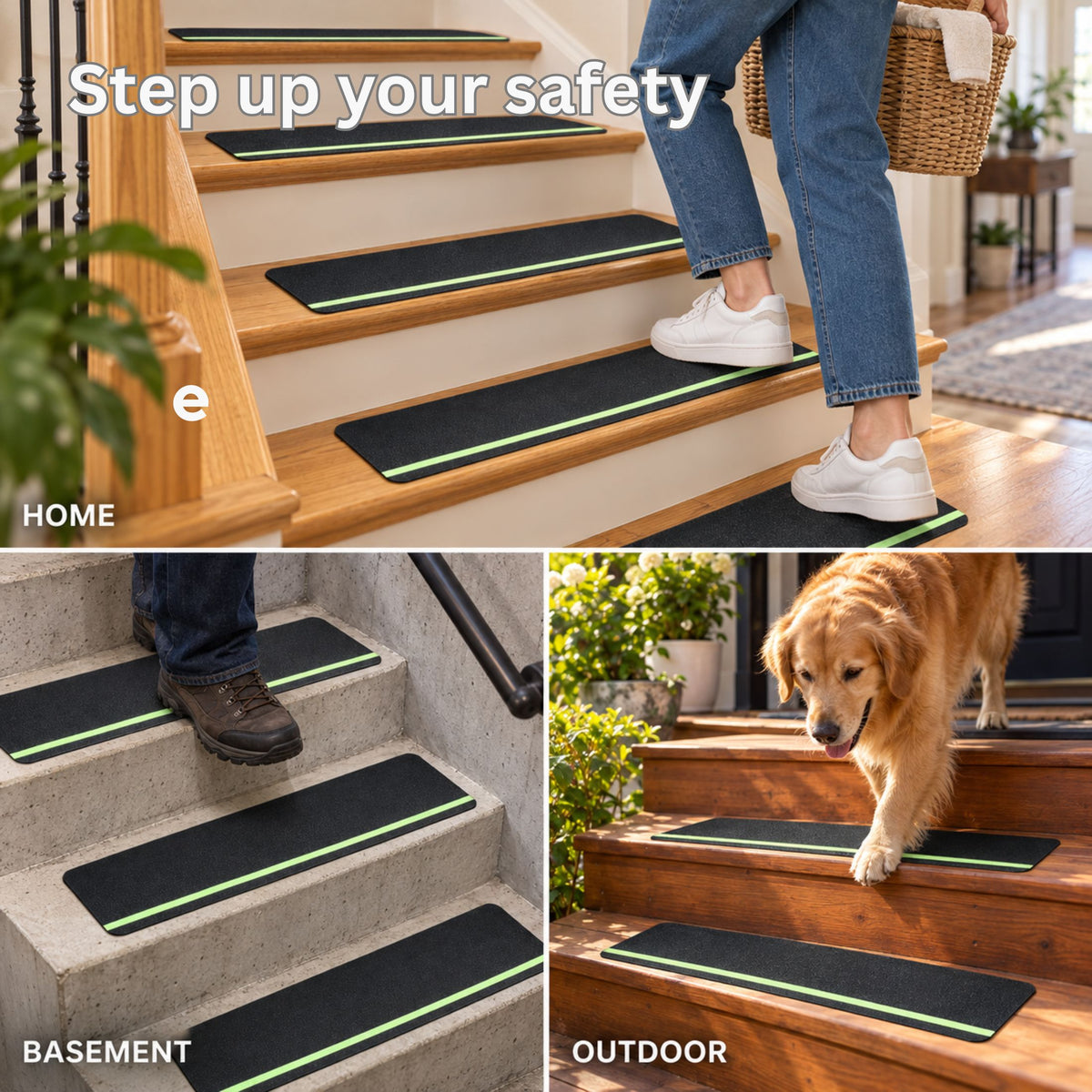 DecorX Black Non-Slip Stair Treads with Glow Stripe & Roller, 12-Pack