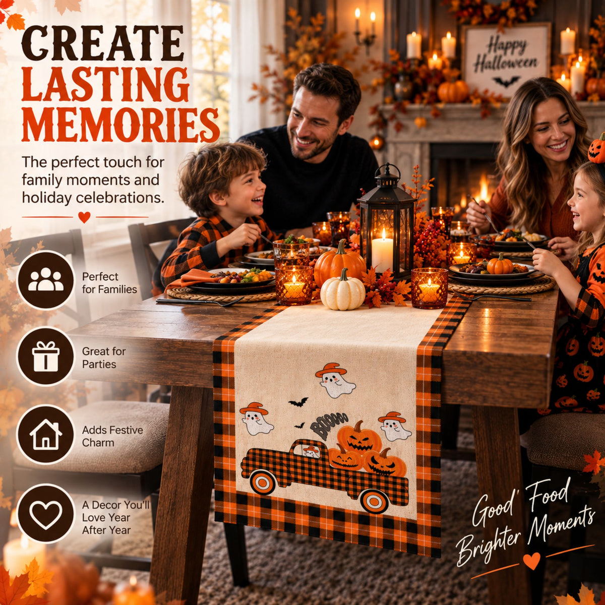 DecorX Halloween Table Runner 14x72 – Pumpkin Ghost Buffalo Plaid