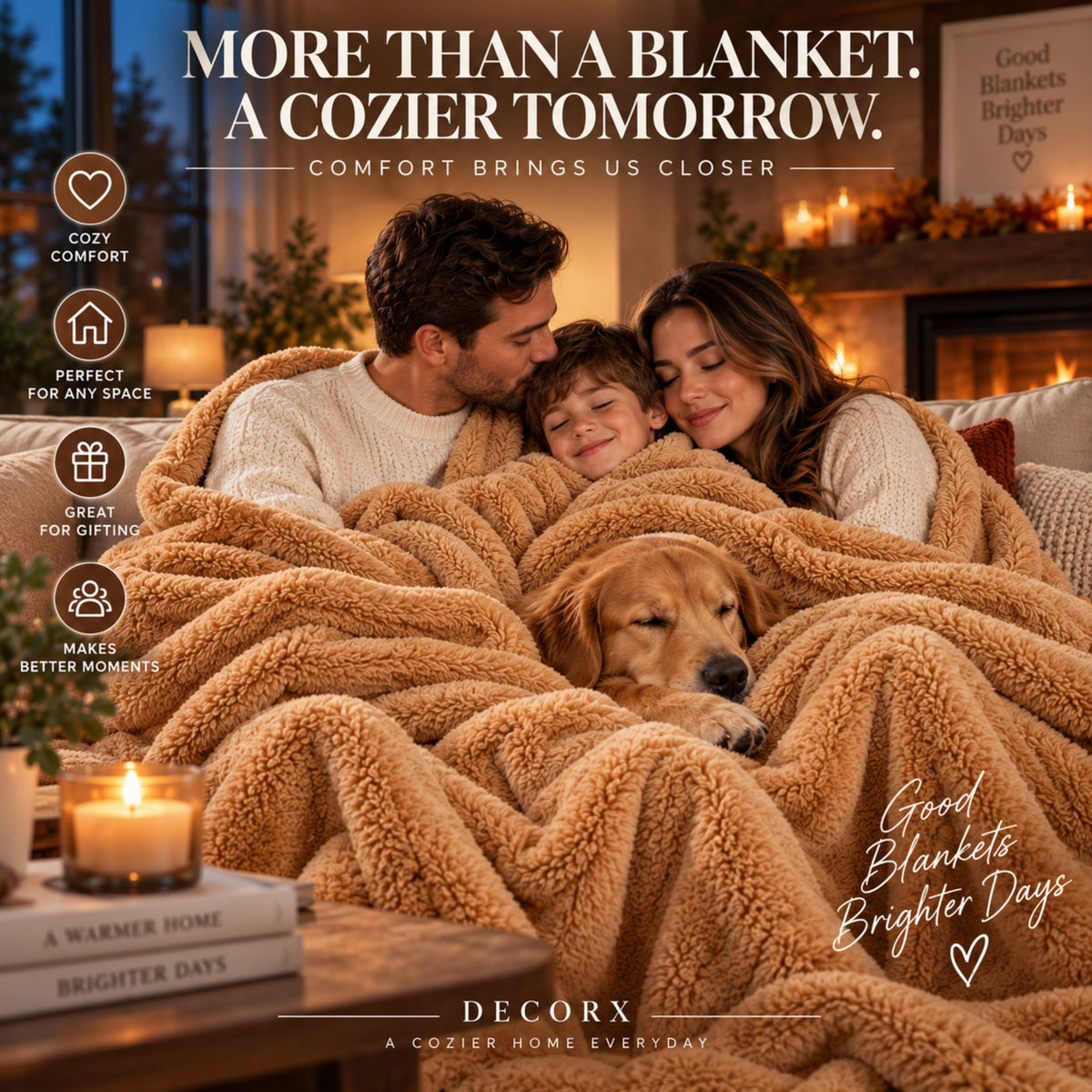DecorX Dual-Sided Plush Throw Blanket – Camel, 50x60