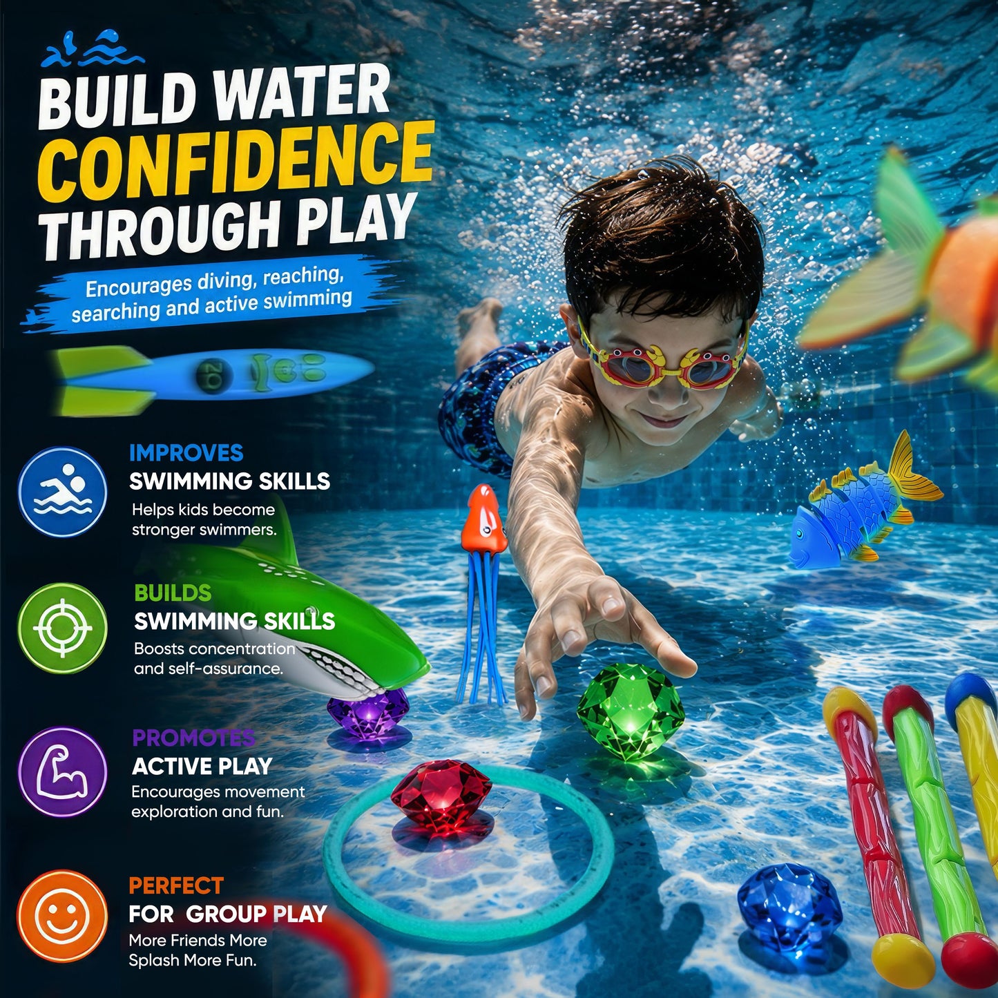 35 Pcs Pool Toys Set with LED Pool Light Cubes Diving and Swimming Learning for Kids