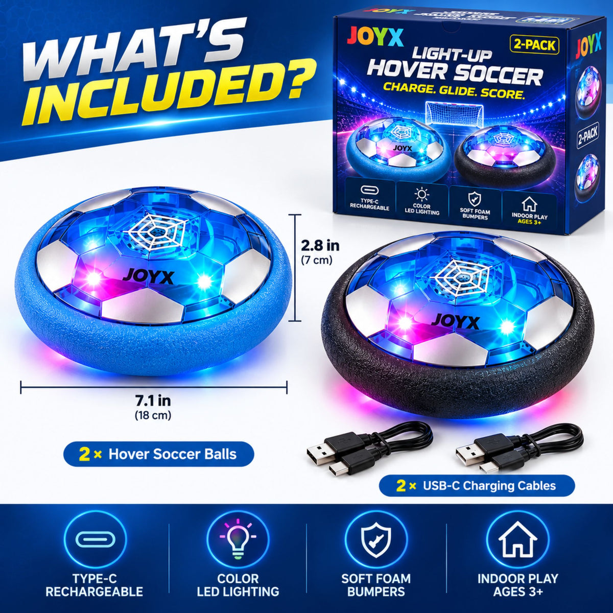 JoyX Rechargeable Light-Up Hover Soccer Ball 2-Pack