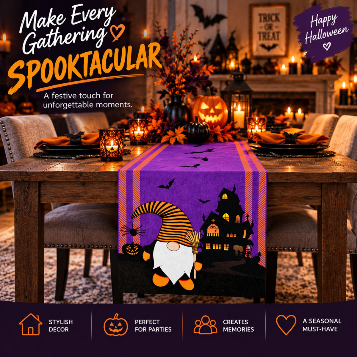 DecorX Purple Halloween Table Runner 14x72 – Gnome Haunted House