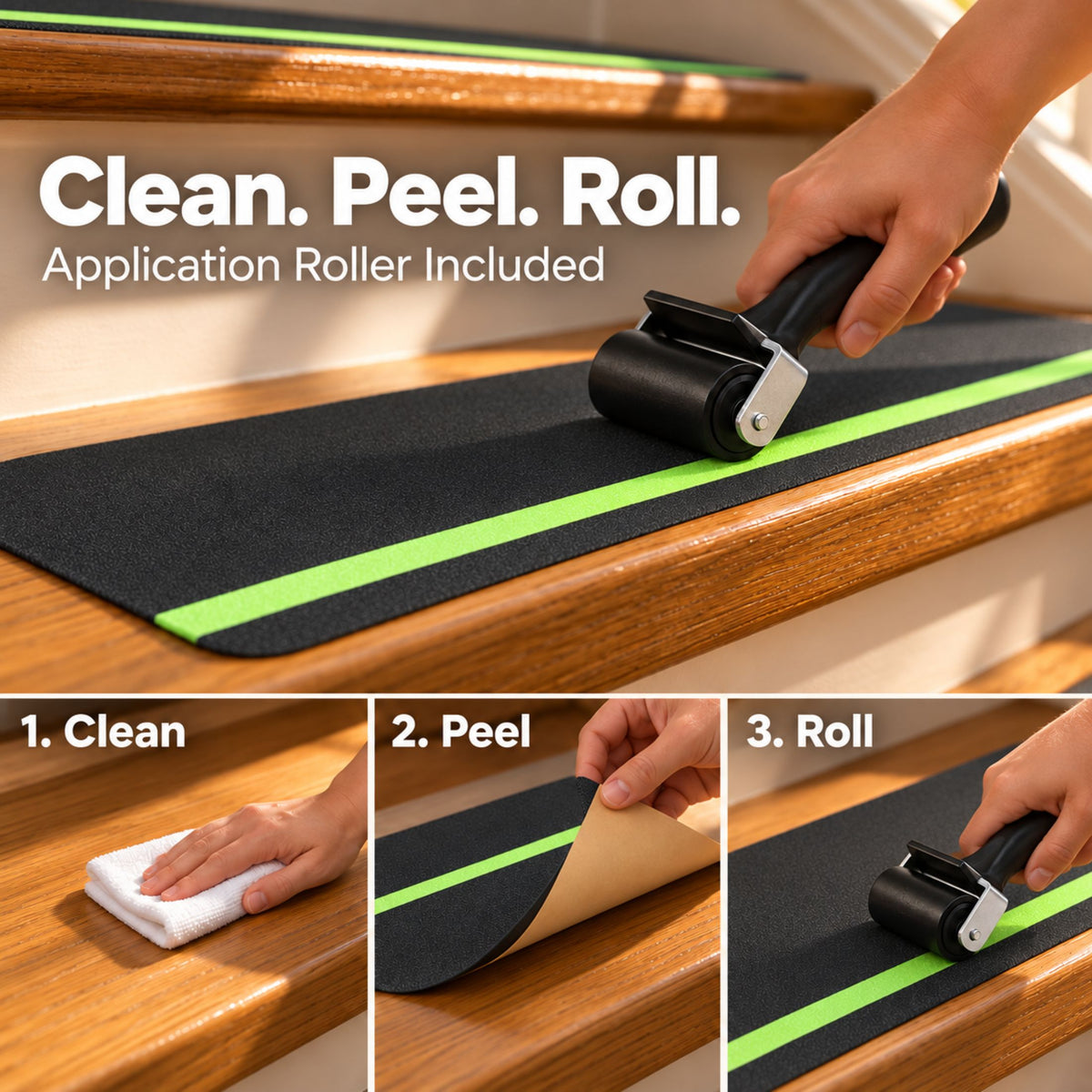 DecorX Black Non-Slip Stair Treads with Glow Stripe & Roller, 12-Pack