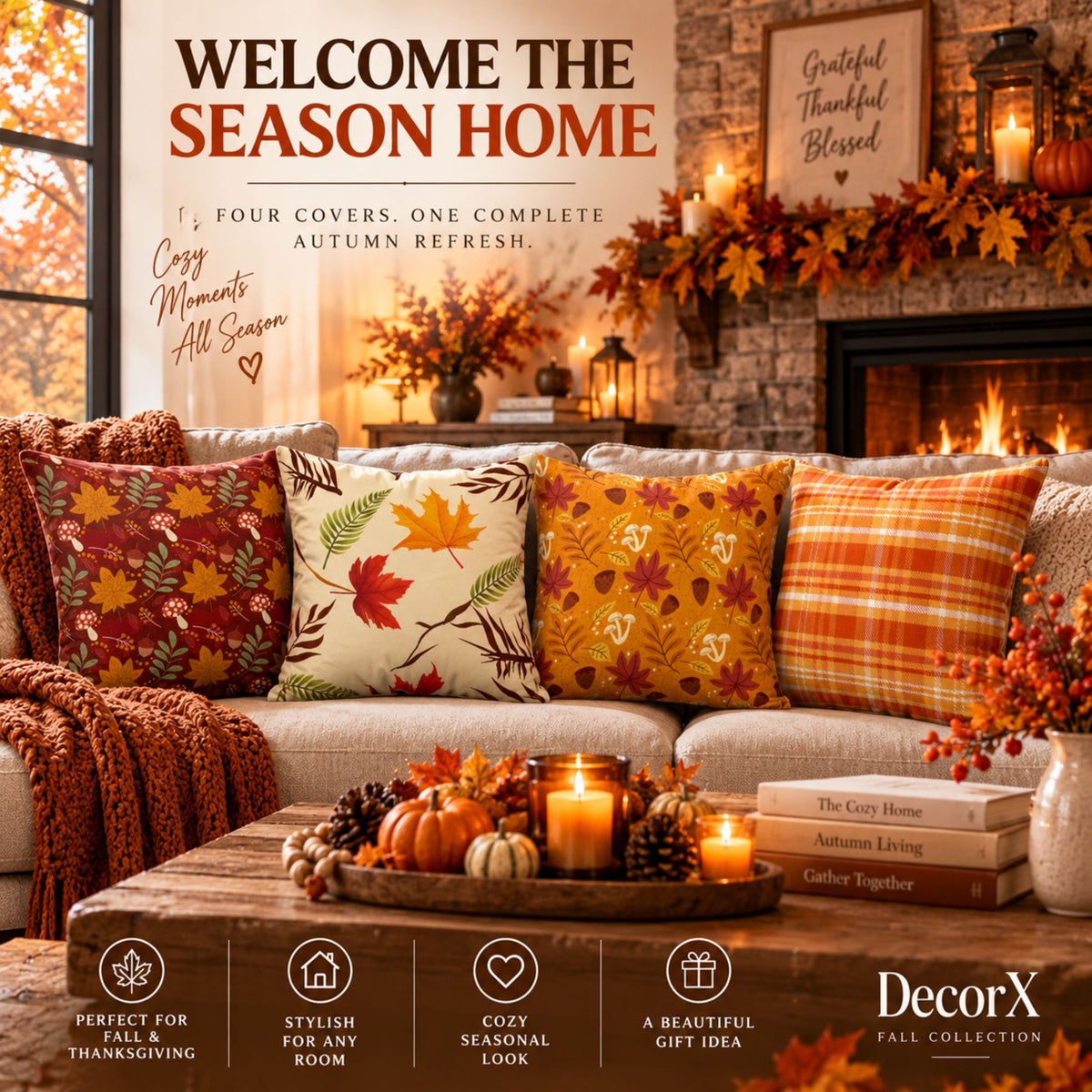 DecorX Fall Pillow Covers Set of 4 – 18x18 Maple Leaf & Plaid