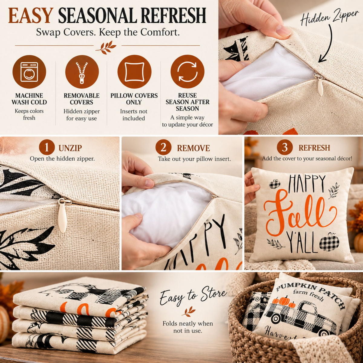 DecorX Fall Farmhouse Pillow Covers – Set of 4, 18x18