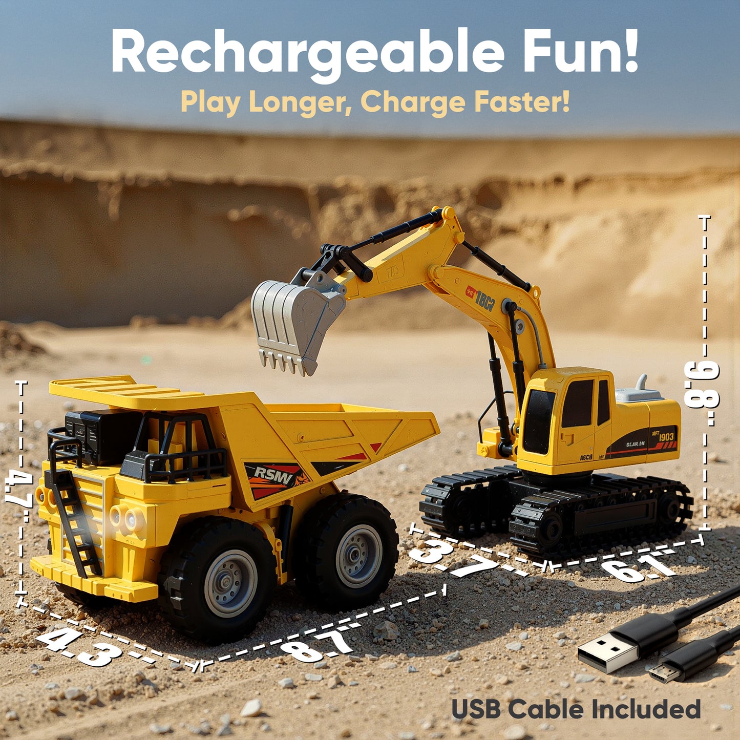 RC 2-in-1 Truck & Excavator Set – Rechargeable STEM Construction Toy with LED Lights & Glow-in-the-Dark Stones