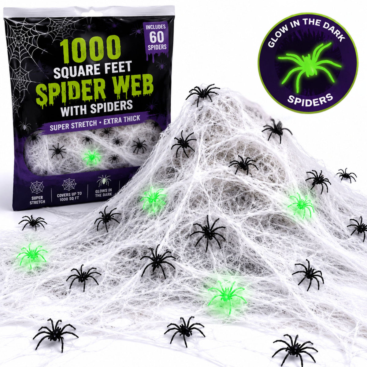 Halloween Spider Web Decorations, 1000 Sq Ft Stretch Cobweb, 60 Spiders, 30 Glow