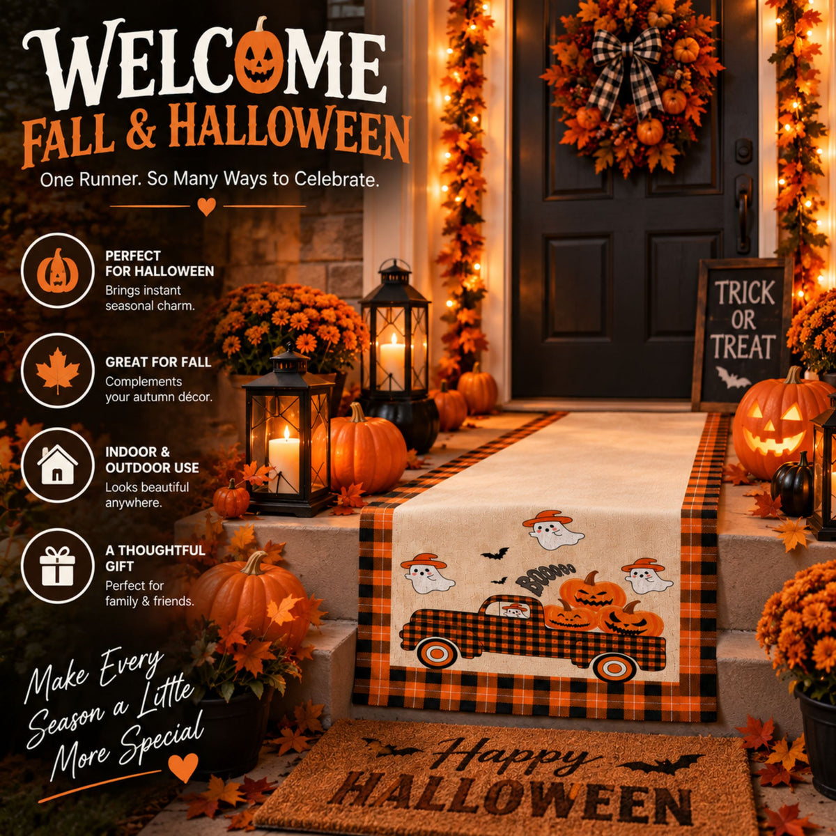DecorX Halloween Table Runner 14x72 – Pumpkin Ghost Buffalo Plaid