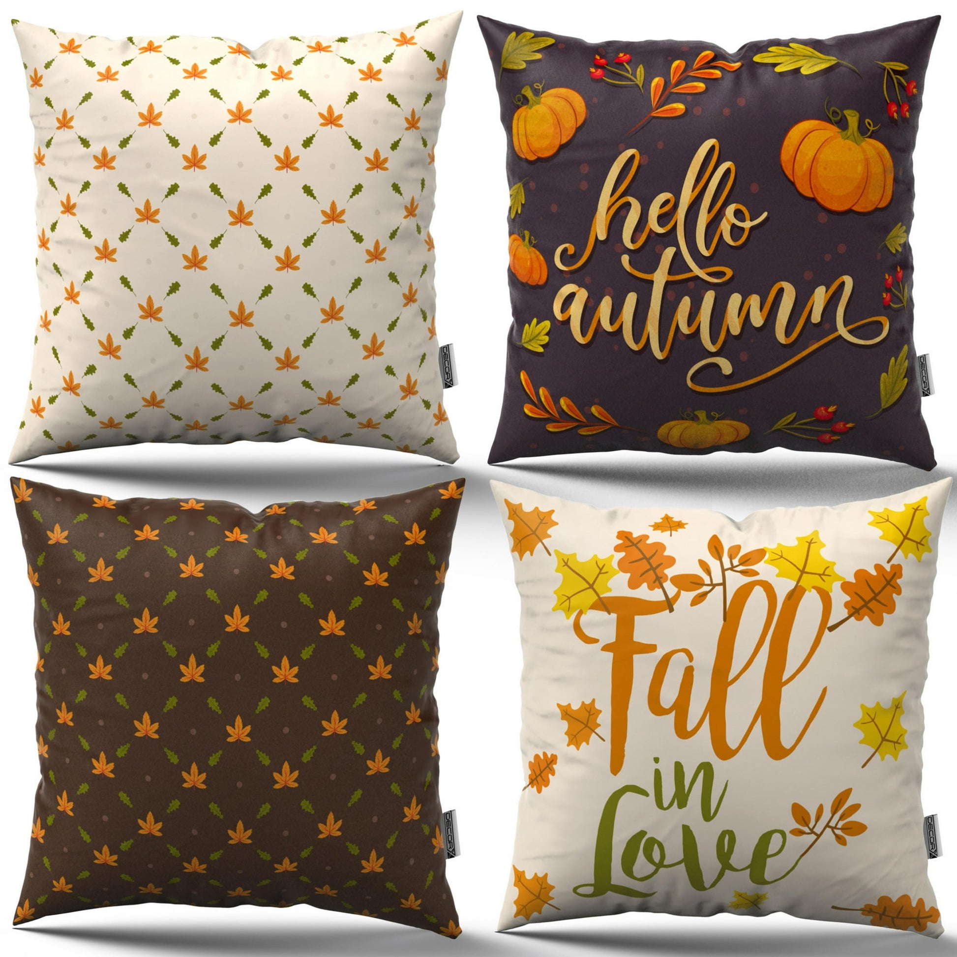 Rustic Autumn Pillow Covers - DecorX 18x18, Set of 4, Featuring Autumn Leaves & Pumpkins