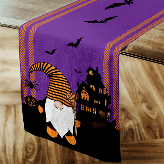 DecorX Halloween Table Runner with Spooky Gnome and Bats - 14x72 Inch Purple