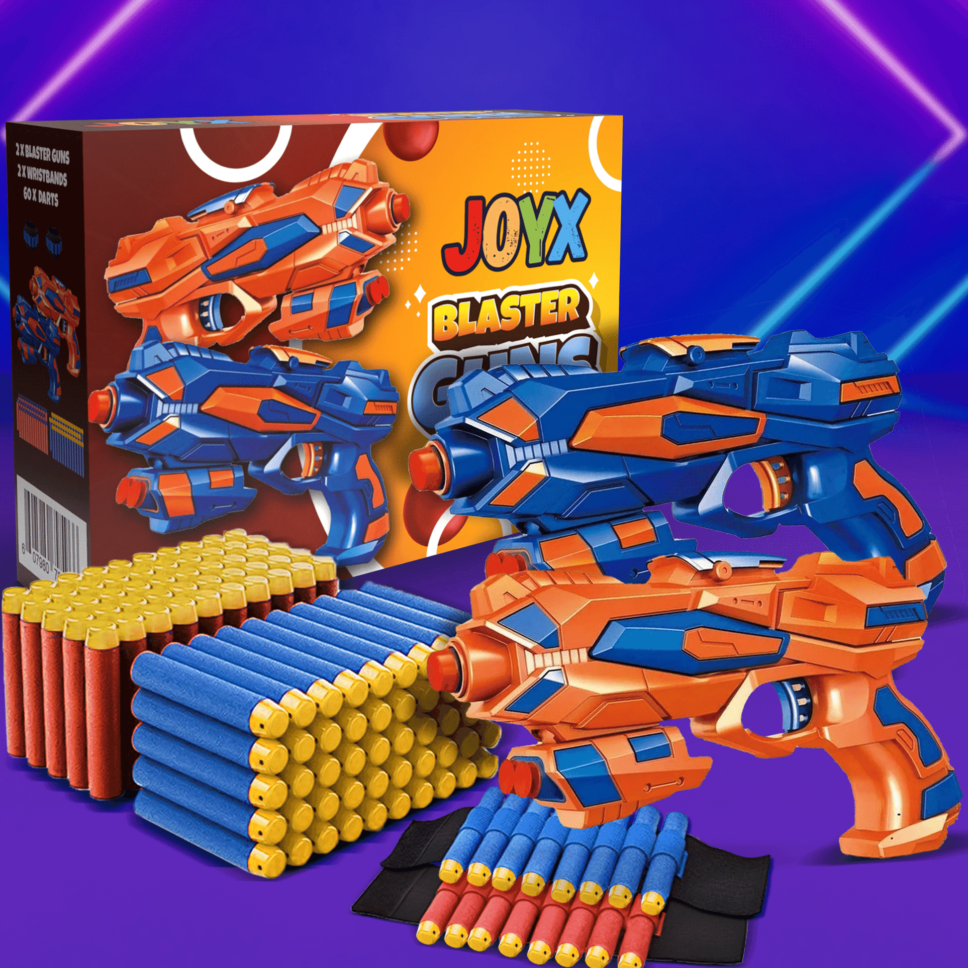 2 Pack Blaster Guns in orange and blue with multiple foam dart packs and digital score counters on a action background.