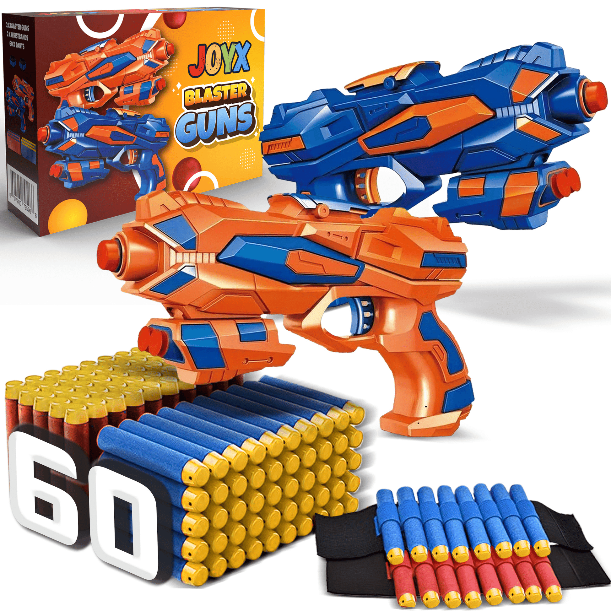 JoyX 2 Pack Blaster Guns in orange and blue with multiple foam dart packs and digital score counters on a white background."